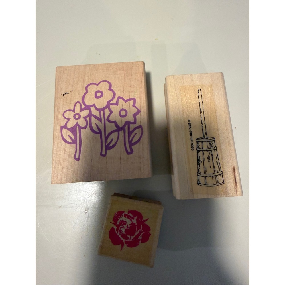Stampin Up Vintage 1995 Butter Churn & Floral Wood Mounted Rubber Stamps